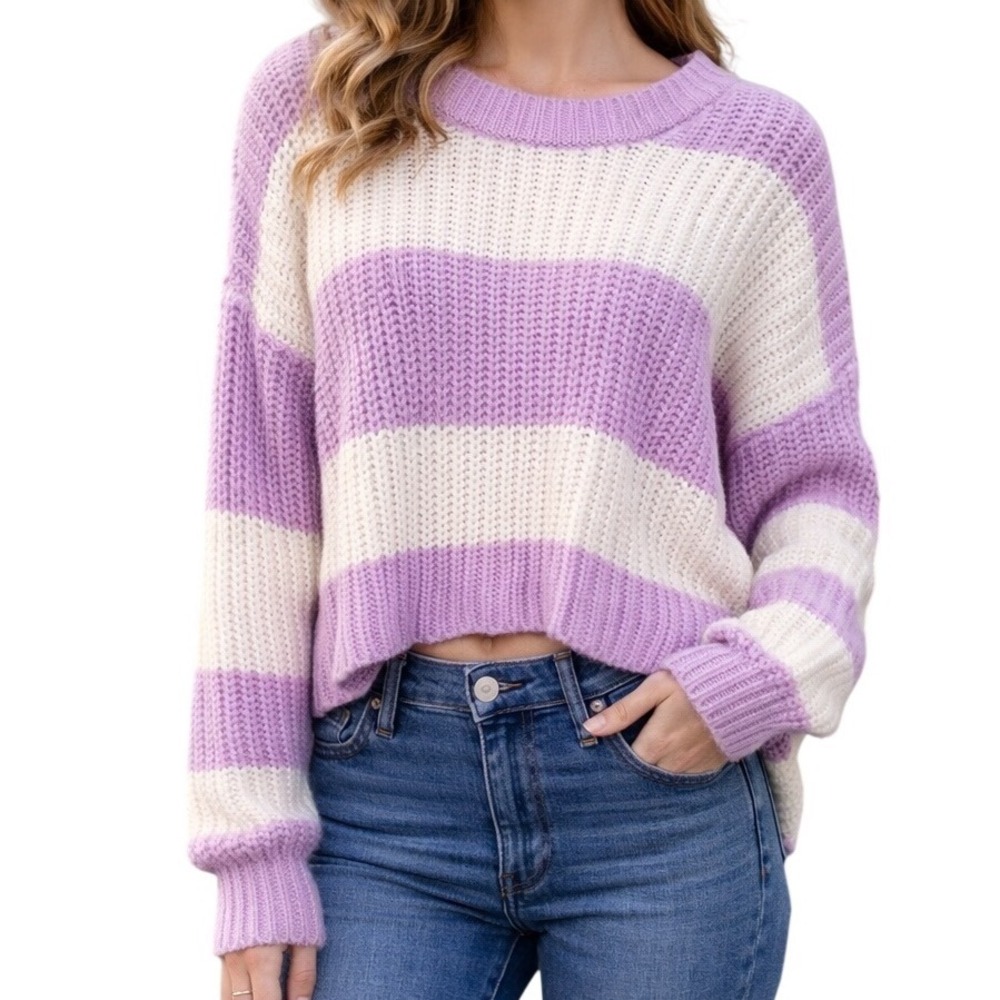 Jessica Simpson Striped Cropped Knit Sweater Pullover Lilac Cream XS